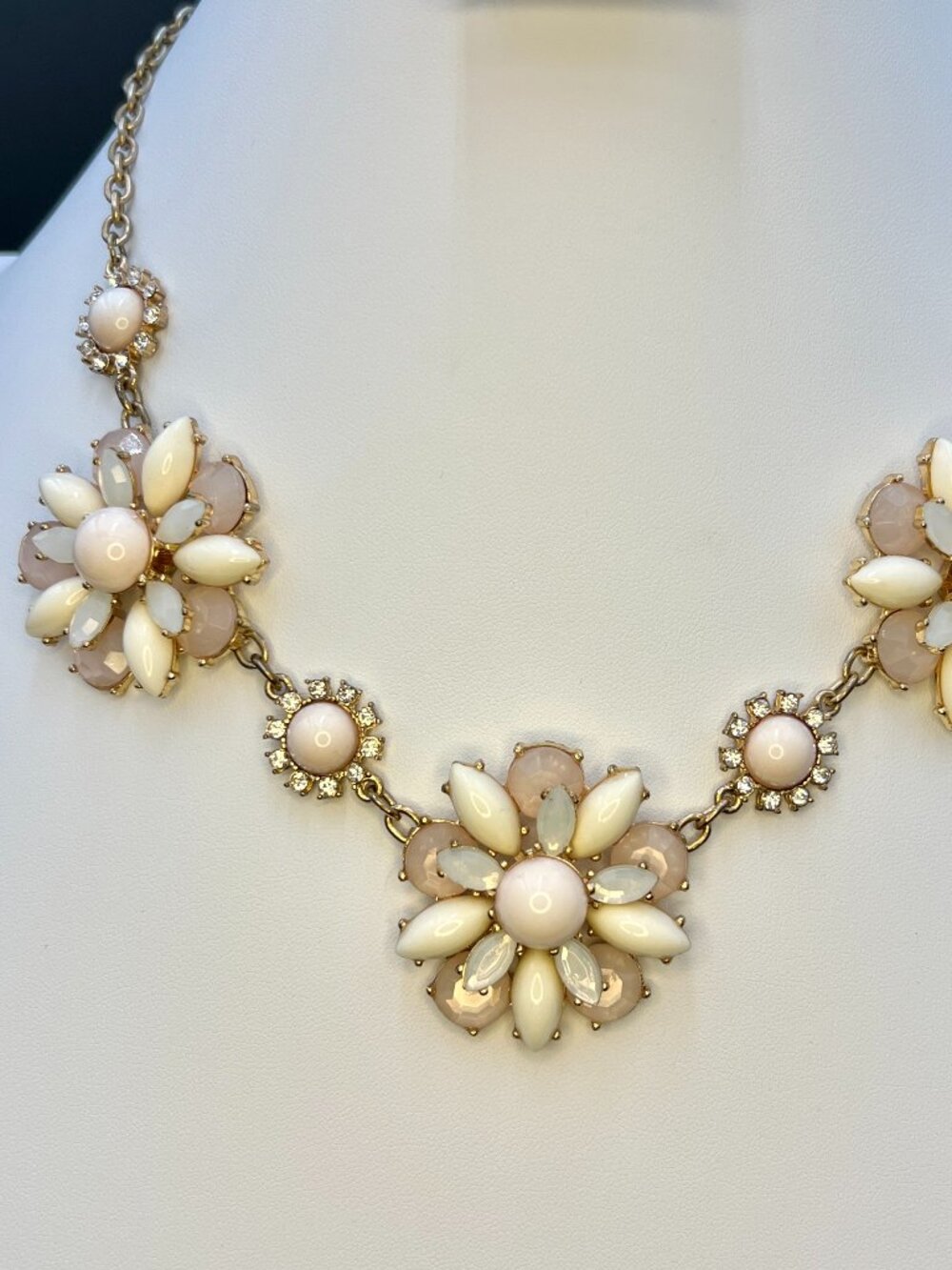 Vintage Floral Statement Necklace Pink Ivory Rhinestone Flower Necklace 1950s